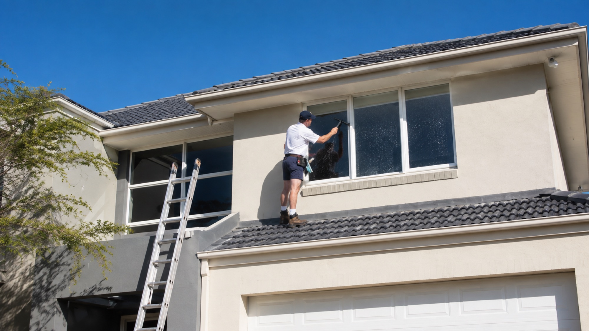 Cleaning an upper-storey window on a two-storey home